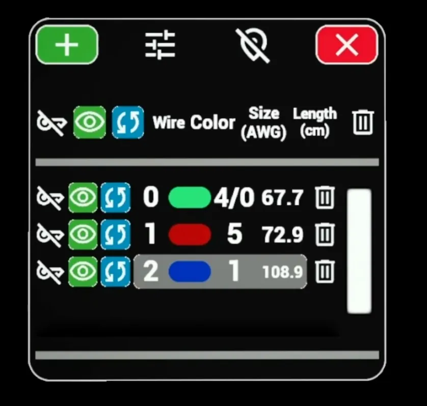 drawxr — wire management menu showing AWG and length