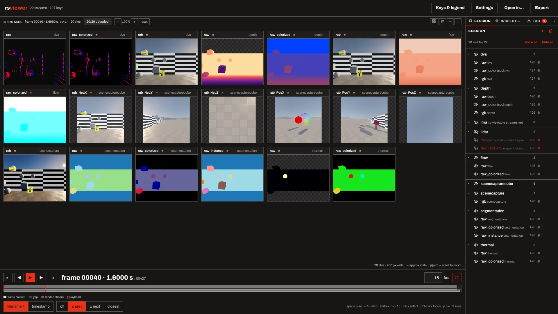 rsviewer showing 22 sensor streams on one timeline