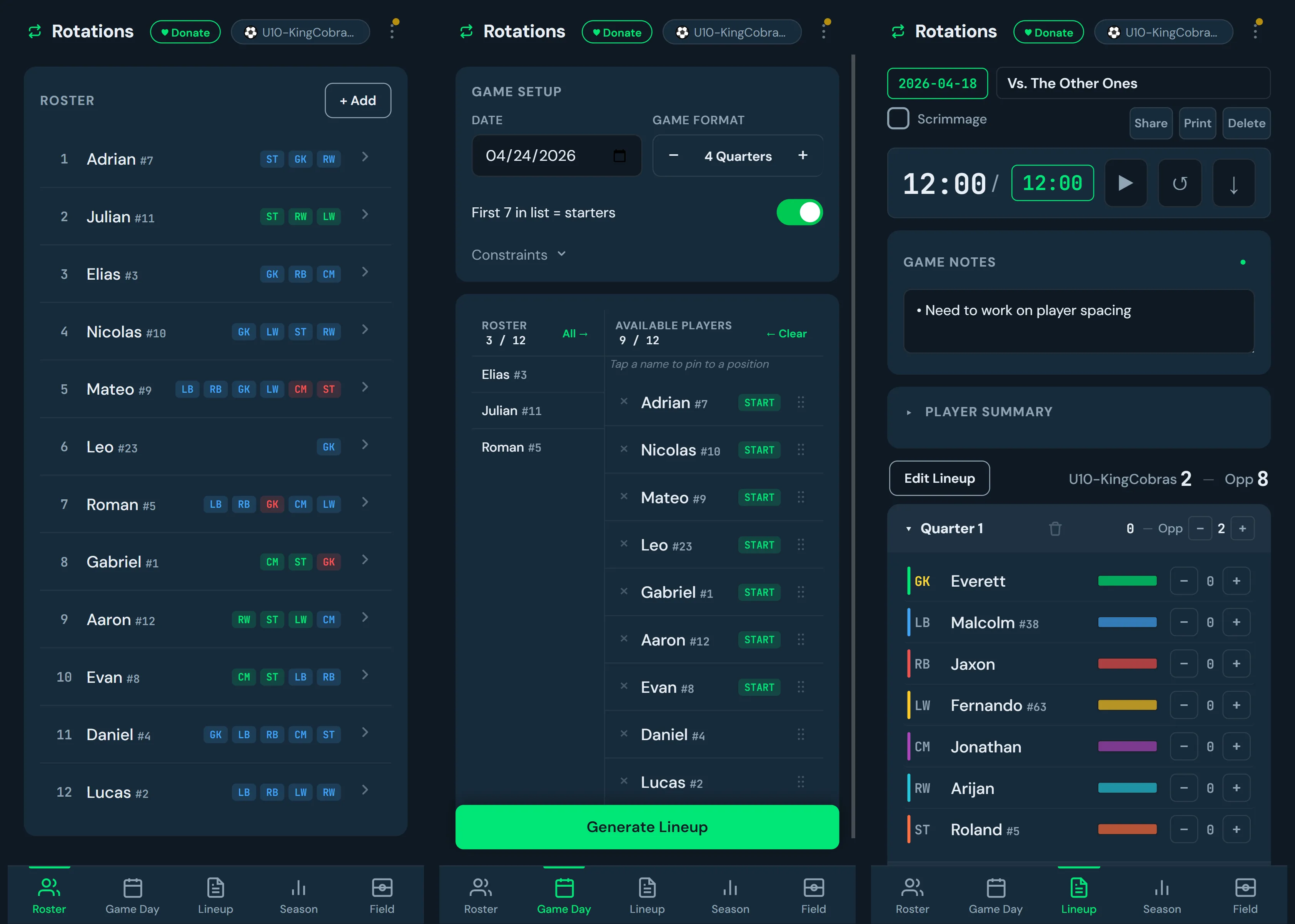 The roster, game-day, and lineup tabs side by side.